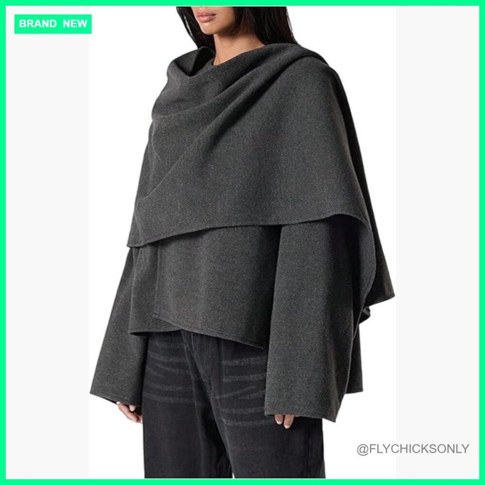 Polyester Wrap Poncho Cape Coat Long Sleeve Business Casual Outerwear